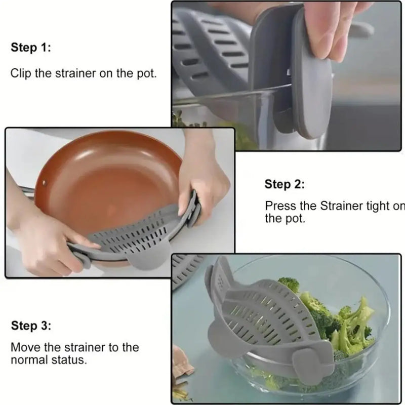 1 peça de escorredor de silicone ajustável com clipe para potes, panelas e tigelas - escorredor portátil para macarrão e massas