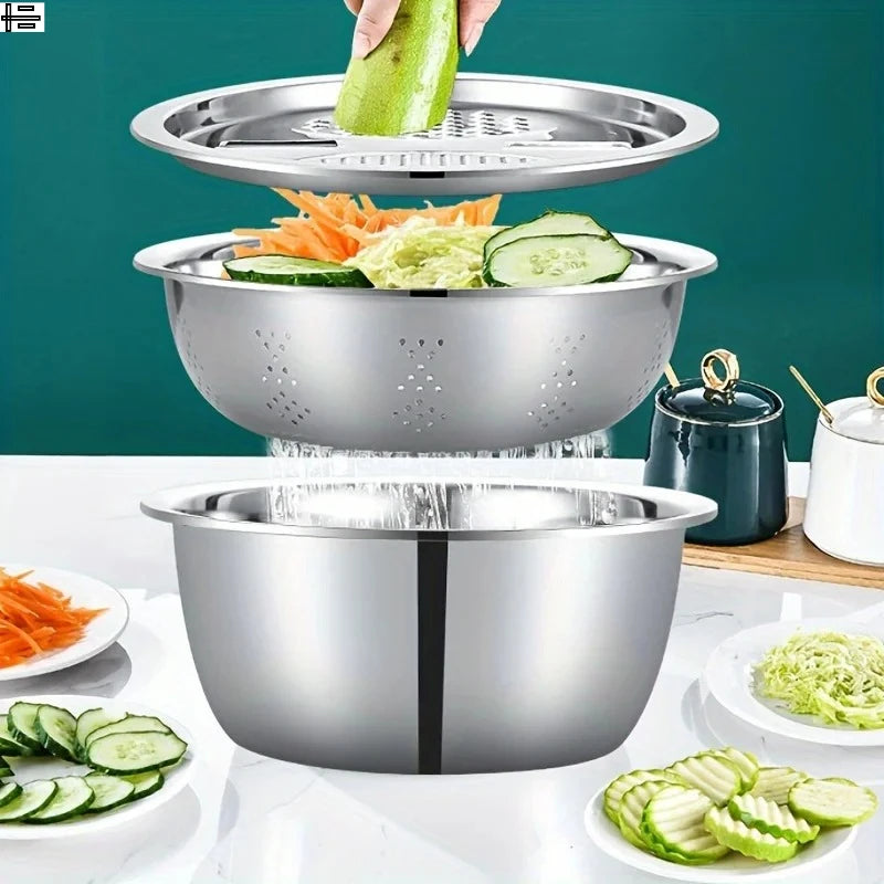 Coador multifuncional de aço inoxidável de 3 peças e tigela para lavar e fatiar frutas e vegetais