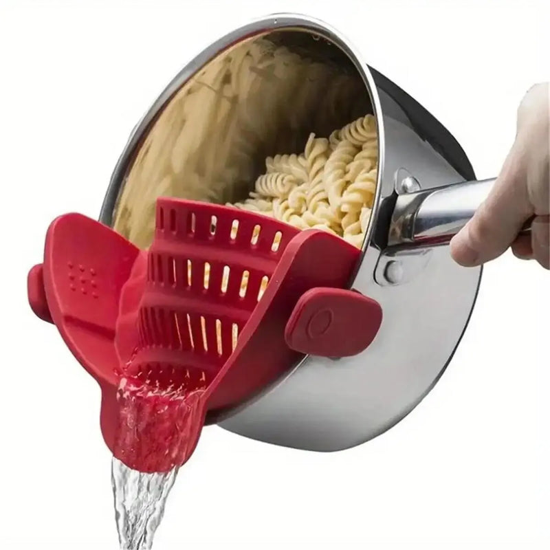 1 peça de escorredor de silicone ajustável com clipe para potes, panelas e tigelas - escorredor portátil para macarrão e massas