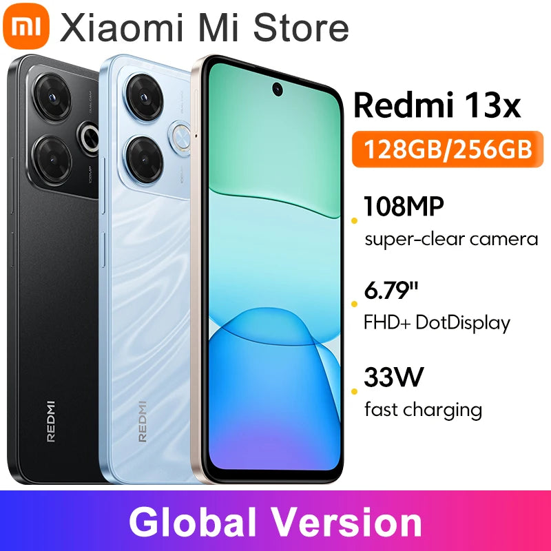 Versão global Xiaomi Redmi 13X Smartphone MTK Helio G91 Ultra Câmera super nítida de 108 MP Tela FHD+ de 6,79" Carregamento rápido de 33 W