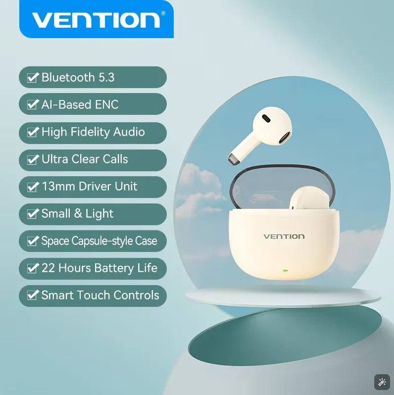 Vention Bluetooth 5.3 Fones de ouvido sem fio Headset TWS HiFi Estéreo Esportivo com microfone Fone de ouvido de baixa latência Controle de toque