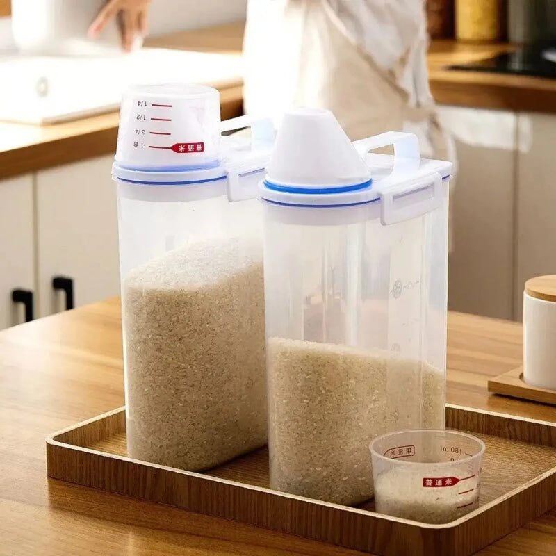 1 recipiente para armazenamento de alimentos com arroz e grãos, copo medidor,