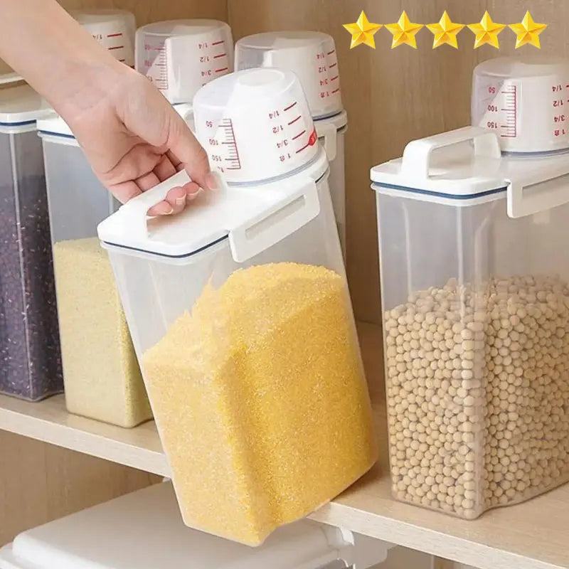 1 recipiente para armazenamento de alimentos com arroz e grãos, copo medidor,