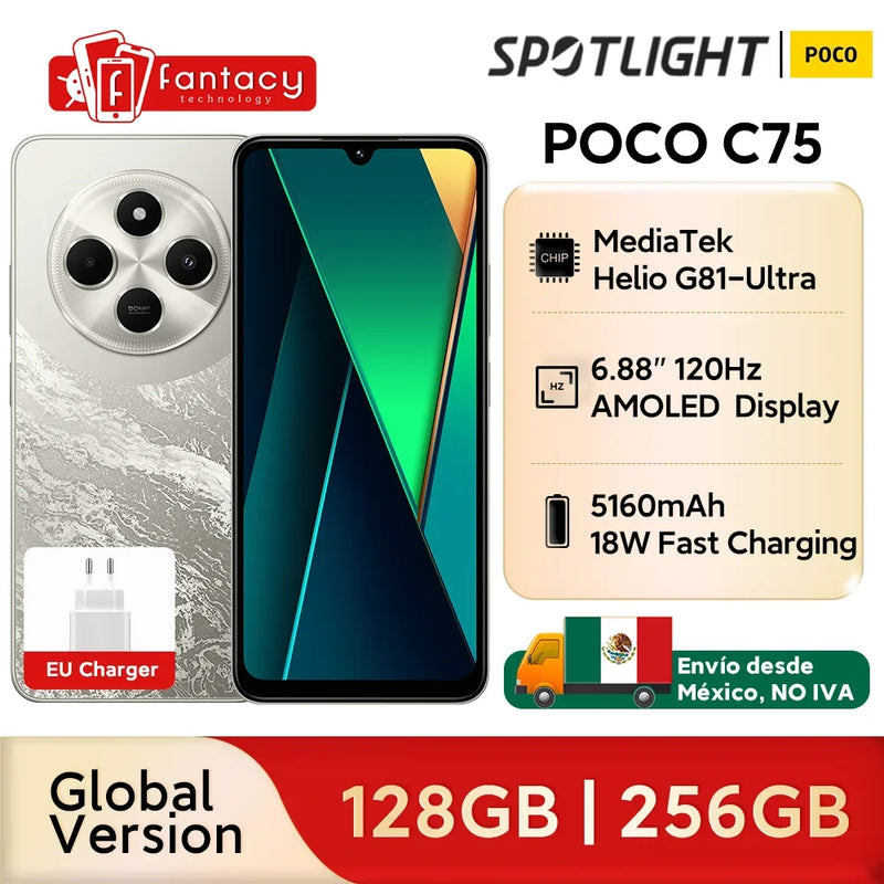 Estreia mundial Versão global POCO C75 6.88\'\' Tela de 120 Hz Helio G81-Ultra Câmera de 50 MP Bateria enorme de 5160 mAh Suporte NFC
