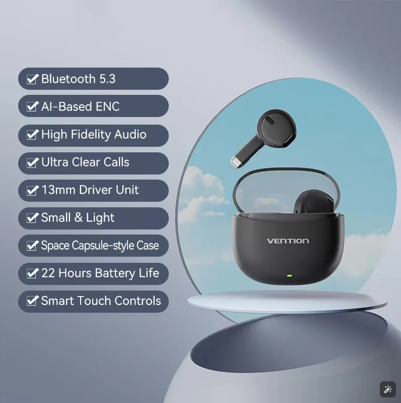 Vention Bluetooth 5.3 Fones de ouvido sem fio Headset TWS HiFi Estéreo Esportivo com microfone Fone de ouvido de baixa latência Controle de toque