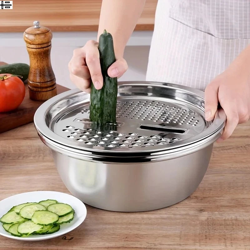Coador multifuncional de aço inoxidável de 3 peças e tigela para lavar e fatiar frutas e vegetais