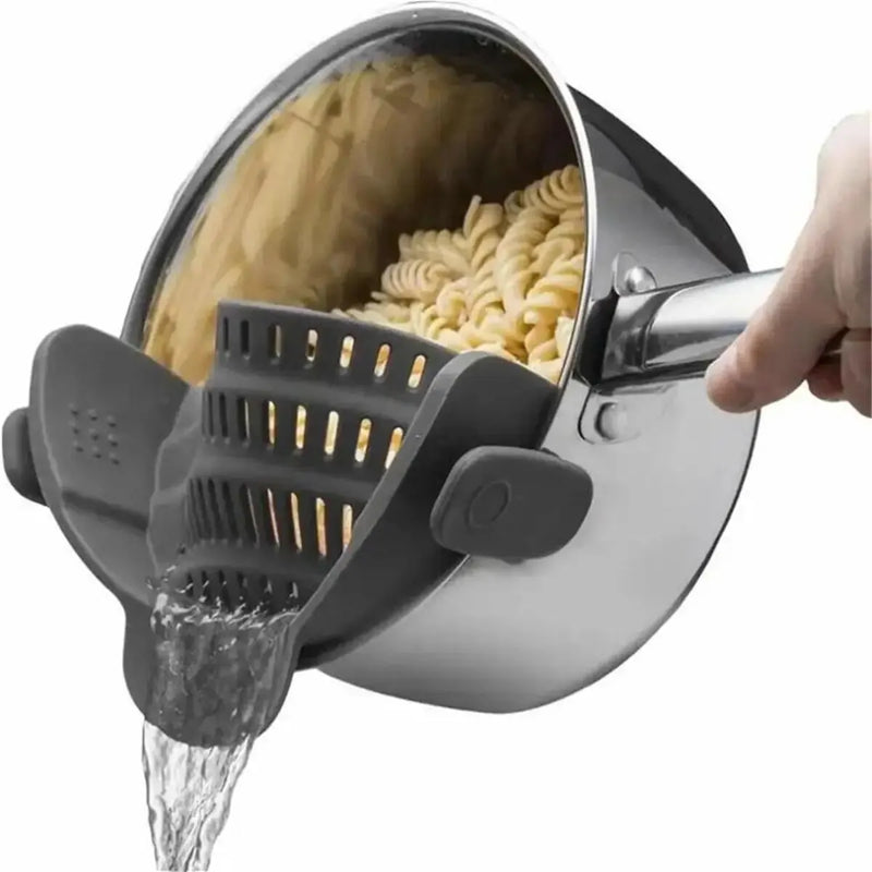 1 peça de escorredor de silicone ajustável com clipe para potes, panelas e tigelas - escorredor portátil para macarrão e massas