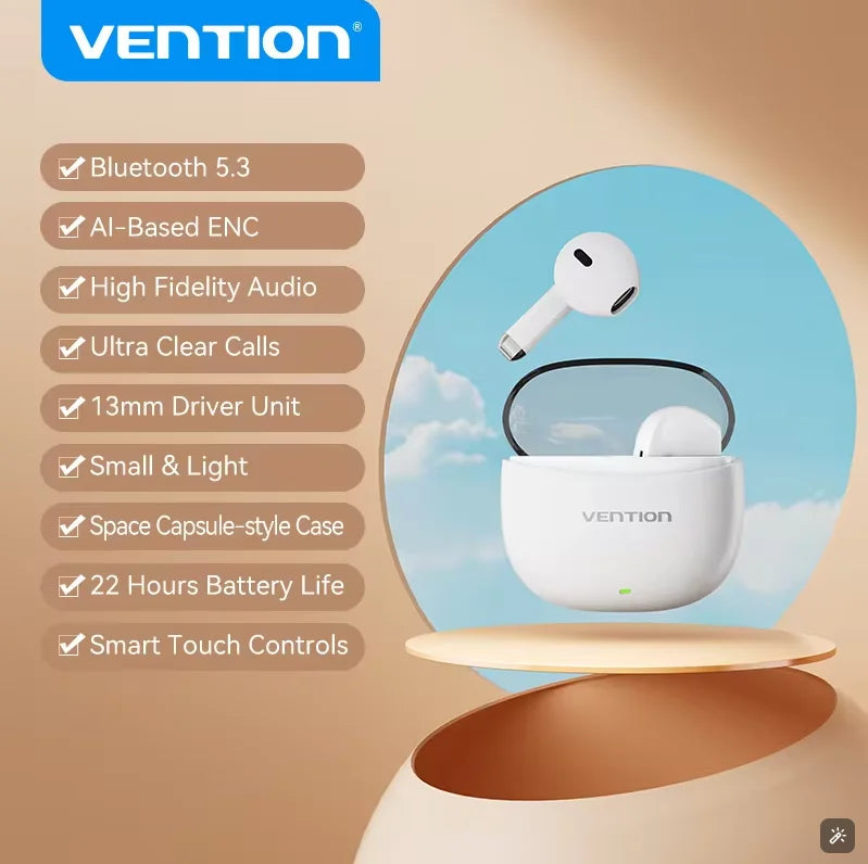 Vention Bluetooth 5.3 Fones de ouvido sem fio Headset TWS HiFi Estéreo Esportivo com microfone Fone de ouvido de baixa latência Controle de toque
