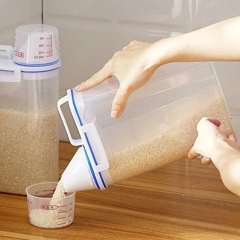 1 recipiente para armazenamento de alimentos com arroz e grãos, copo medidor,