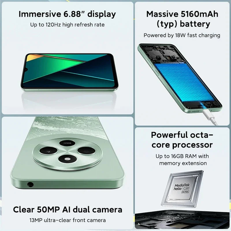 Estreia mundial Versão global POCO C75 6.88\'\' Tela de 120 Hz Helio G81-Ultra Câmera de 50 MP Bateria enorme de 5160 mAh Suporte NFC