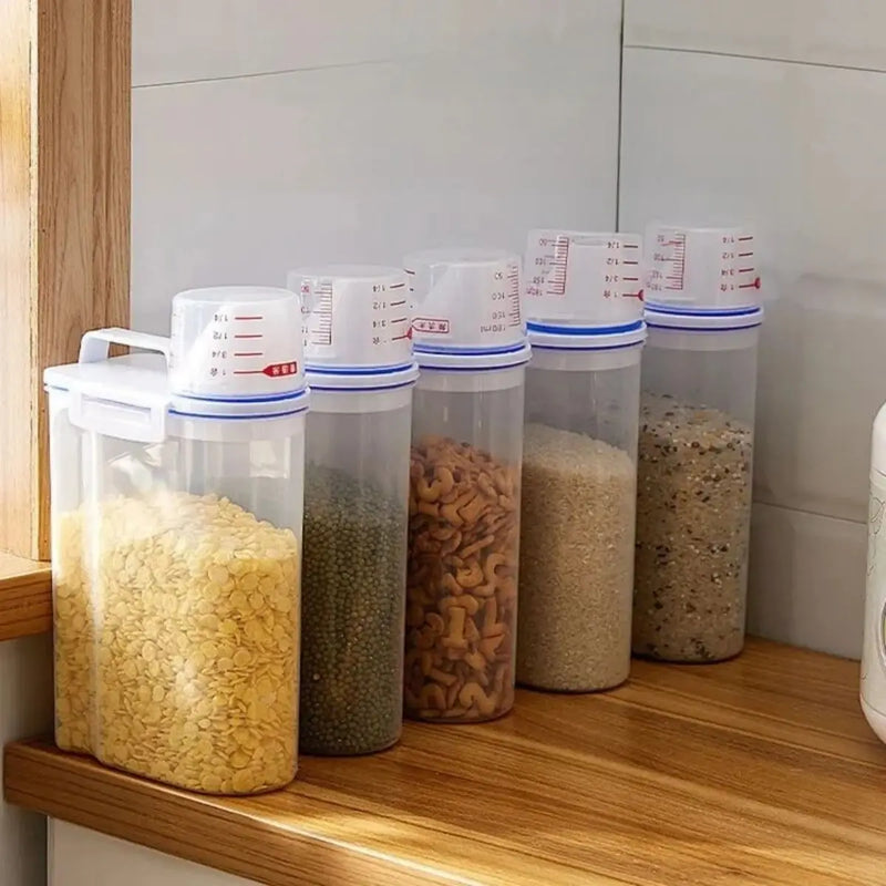 1 recipiente para armazenamento de alimentos com arroz e grãos, copo medidor,