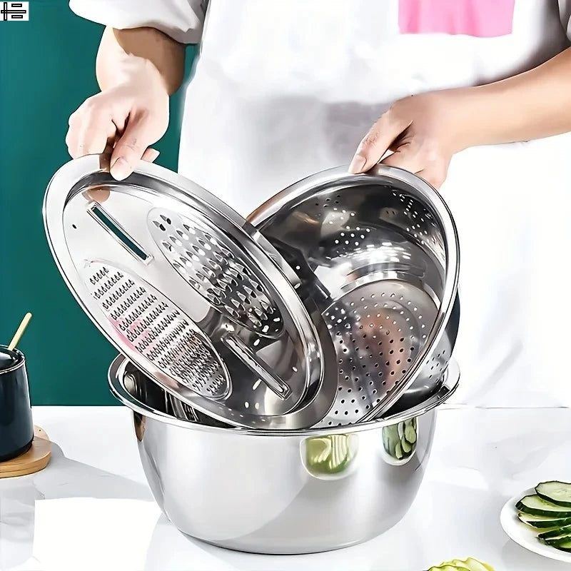 Coador multifuncional de aço inoxidável de 3 peças e tigela para lavar e fatiar frutas e vegetais