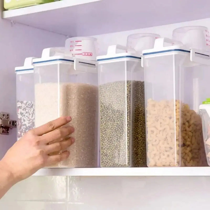 1 recipiente para armazenamento de alimentos com arroz e grãos, copo medidor,