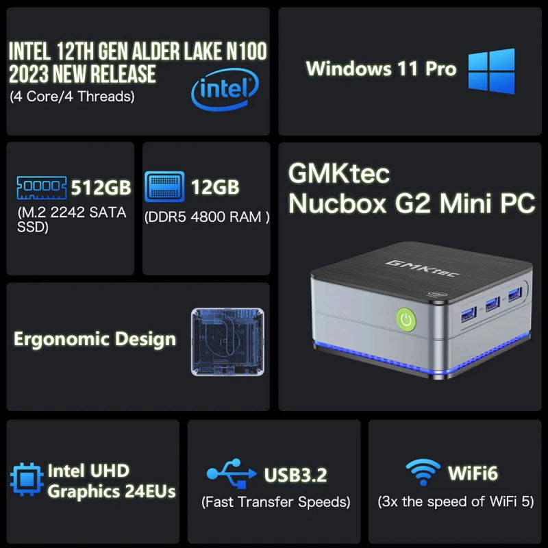 Mini PC GMKtec G2 Windows 11 Pro Intel 12ª geração Alder Lake N100 Mini PC DDR5 12 GB de RAM 512 GB de ROM WiFi 6 BT5.2 Computador de mesa