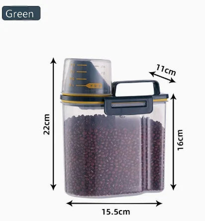 1 recipiente para armazenamento de alimentos com arroz e grãos, copo medidor,